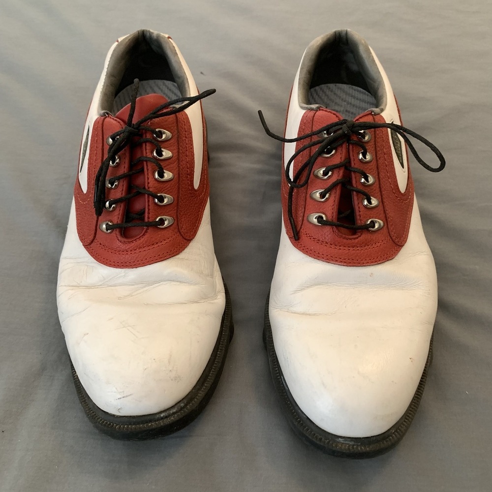 FootJoy DryJoys ECL Leather Golf Shoes Mens‎ 9.5 Medium Red White Spiked 53691